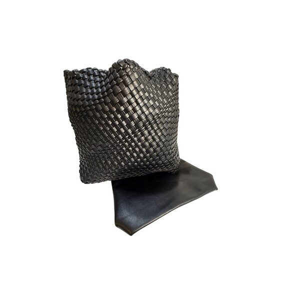 Handwoven Black Tote Bag With Faux Leather Pouch Insert Large Capacity Durable & - Picture 2 of 6